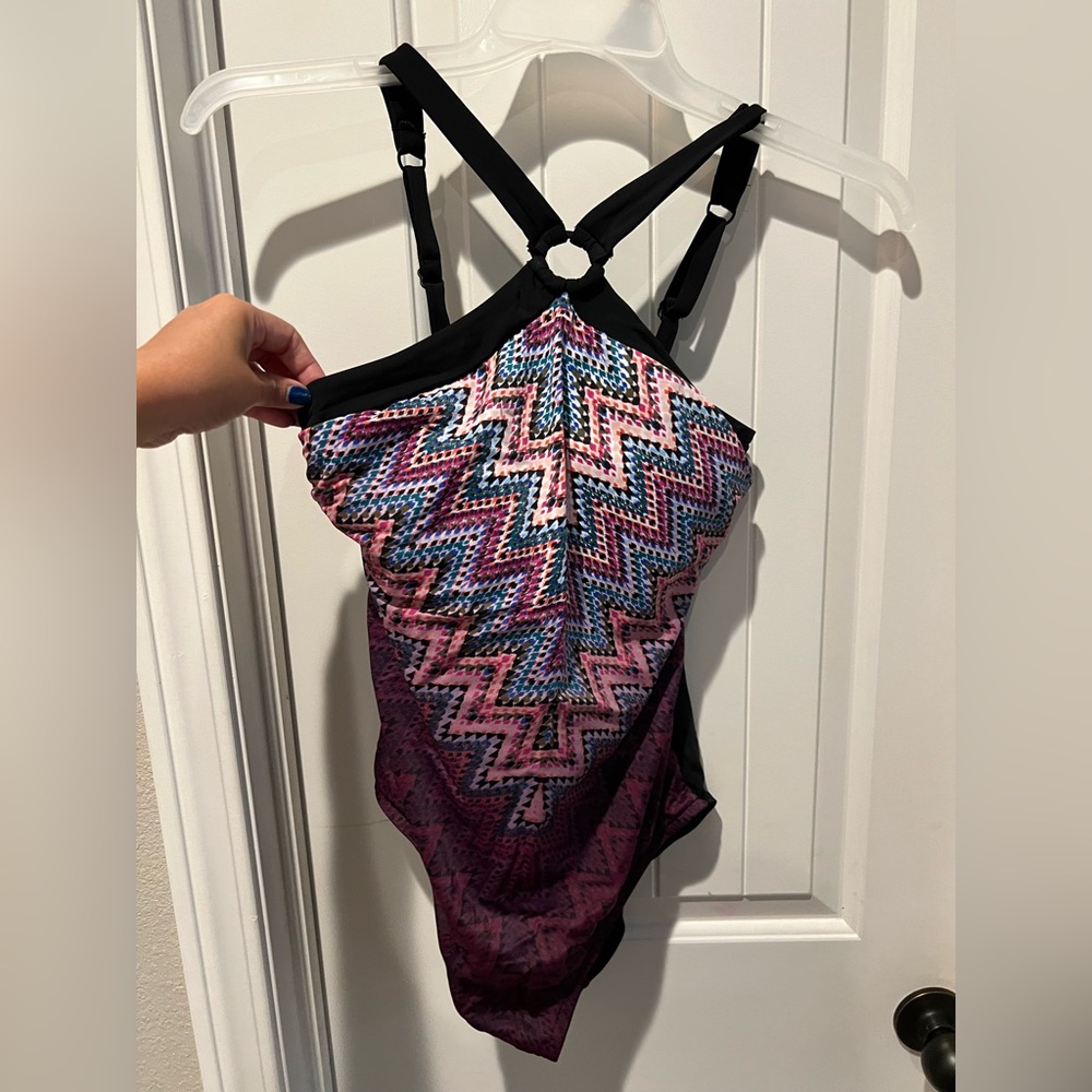 Aqua Green Pink and Purple multicolored One Piece Swimsuit women’s sz large